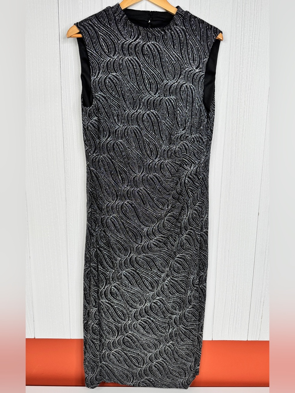 Anne Klein Metallic Swirl Glitter Cocktail Dress Sleeveless Mock Neck Black Midi